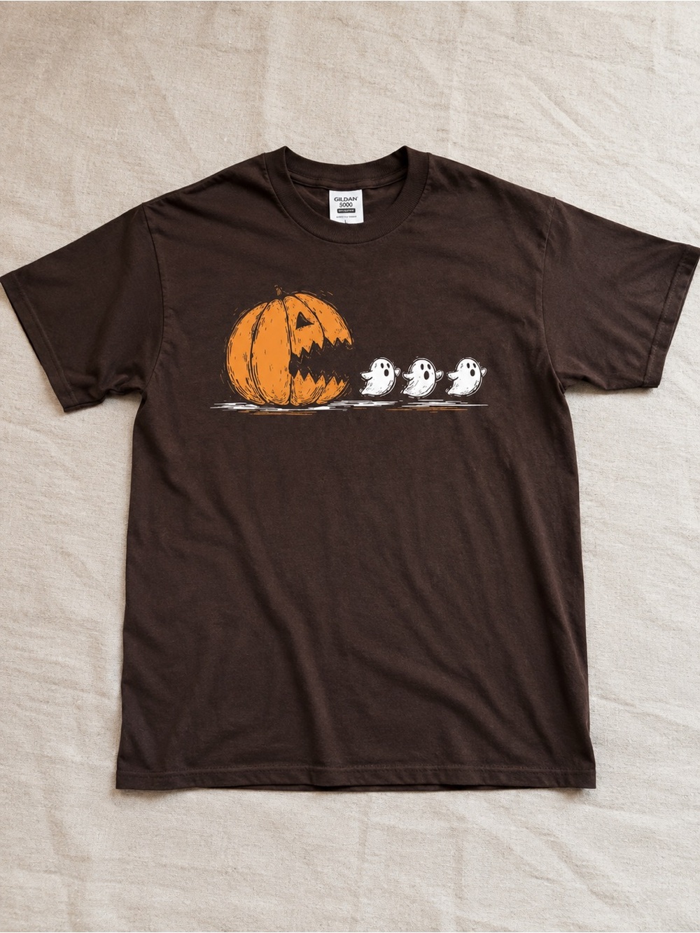 Brown Short Sleeve Tee with Orange Pumpkin & White Ghosts